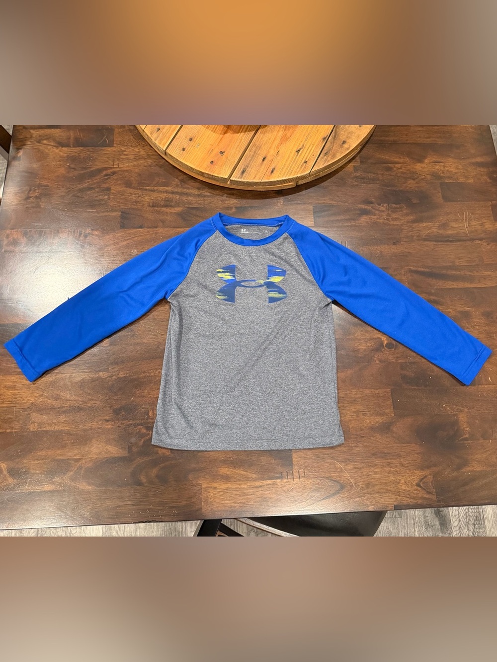 Under Armour Grey Tee with Royal Blue Sleeves and Multi-Color Logo
